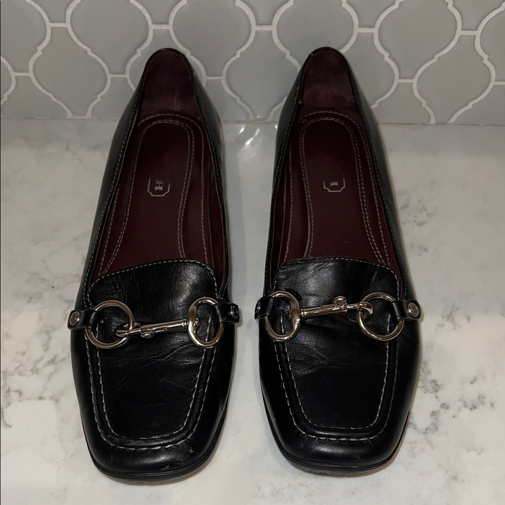 Coach Dorie Black Leather Loafers with Silver Buckle